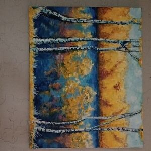 Abstract Birch Tree Canvas Art in Blue and Yellow